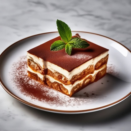tiramisu dessert on a white plate. delicious sweet cakeの素材