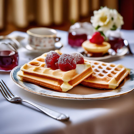 Viennese waffles on a white plate. tasty breakfastの素材