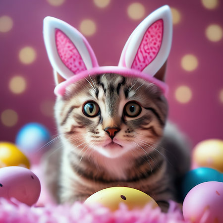 Easter cat with bunny ears and Easter eggs on a pink backgroundの素材