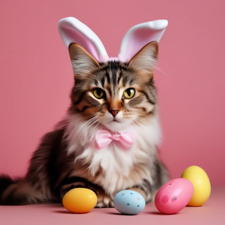 Easter cat with bunny ears and Easter eggs on a pink backgroundの素材