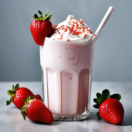 milkshake with strawberries in a glass. delicious drinkの素材