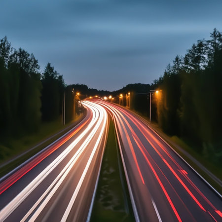 road, twilight, car lights on long exposure.の素材