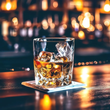 glass of whiskey with ice on the bar counter. dark atmosphereの素材