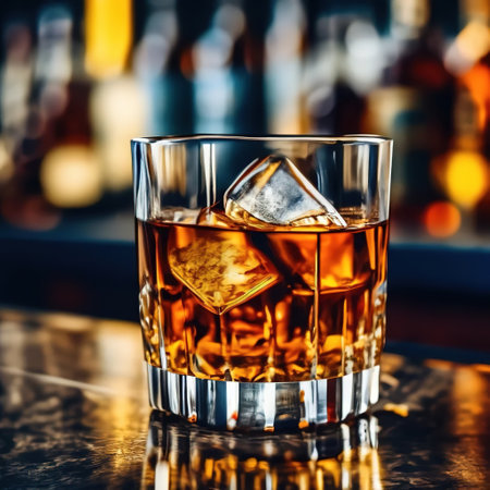 glass of whiskey with ice on the bar counter. dark atmosphereの素材