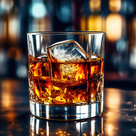 glass of whiskey with ice on the bar counter. dark atmosphereの素材