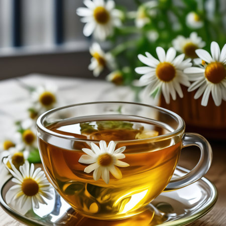 chamomile tea in a transparent glass cup with chamomile flowers. warm soothing drinkの素材