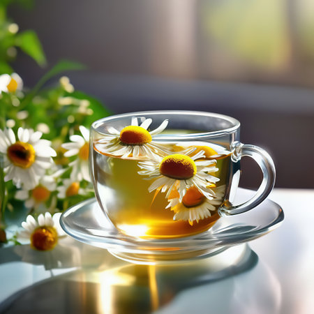 chamomile tea in a transparent glass cup with chamomile flowers. warm soothing drinkの素材