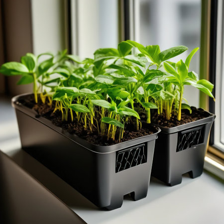 vegetable seedlings. green sprouts in a box on the windowsill. gardeningの素材