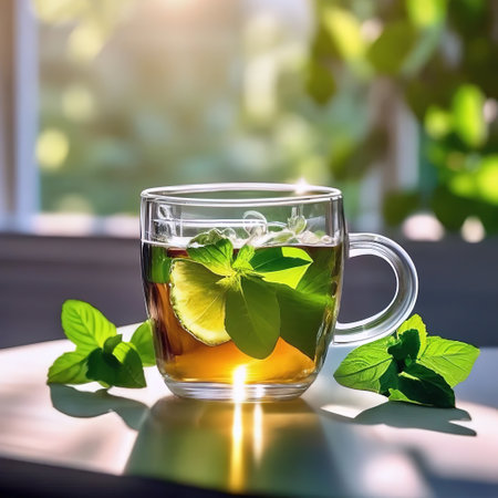 mint tea in a transparent glass cup with mint leaves. warm fresh drinkの素材