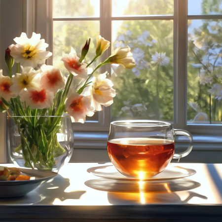 tea in a transparent glass cup on the table in the kitchen. next to it is a bouquet of flowers in a vase. sun rays on a cup. atmosphere of a cozy homeの素材