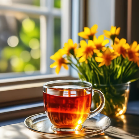 tea in a transparent glass cup on the table in the kitchen. next to it is a bouquet of flowers in a vase. sun rays on a cup. atmosphere of a cozy homeの素材