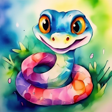 snake cute cartoon watercolor style. art for poster, card, illustration, calendar, stickerの素材