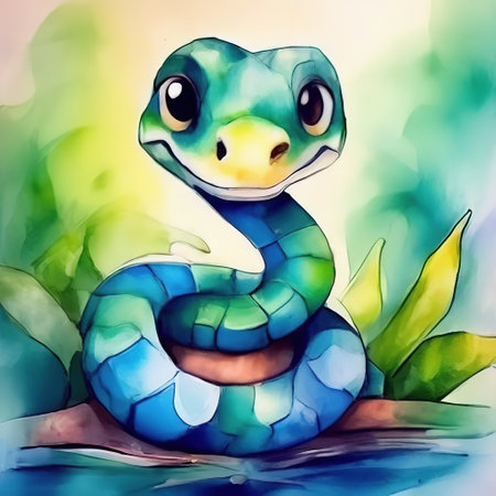 snake cute cartoon watercolor style. art for poster, card, illustration, calendar, stickerの素材