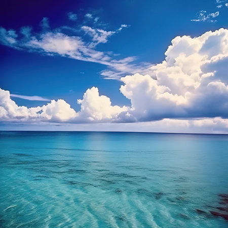 seascape background. sea and sky meet on the horizon. delicate blue color. clouds. tropical paradiseの素材