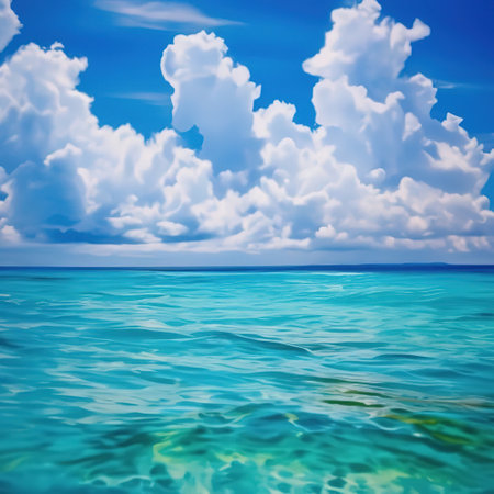 seascape background. sea and sky meet on the horizon. delicate blue color. clouds. tropical paradiseの素材