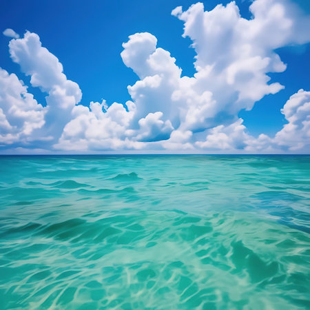 seascape background. sea and sky meet on the horizon. delicate blue color. clouds. tropical paradiseの素材