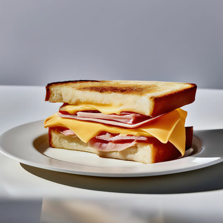 sandwich with ham, cheese on a white plateの素材