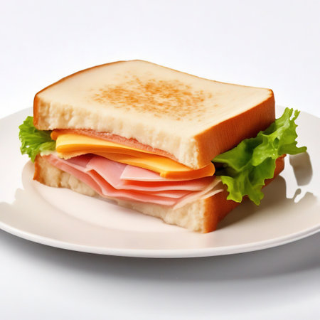 sandwich with ham, cheese and salad on a white plateの素材