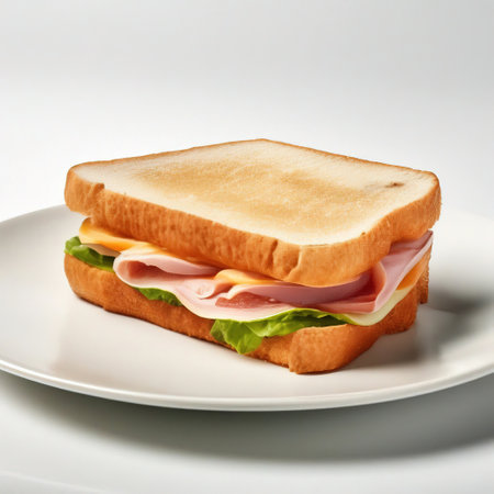 sandwich with ham, cheese and salad on a white plateの素材