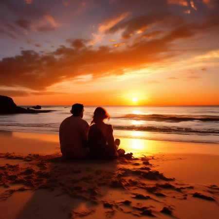 couple relaxing on the beach at sunset. tropical trip. love, romanceの素材