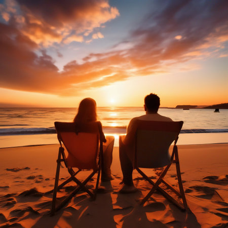 couple relaxing on the beach at sunset. tropical trip. love, romanceの素材