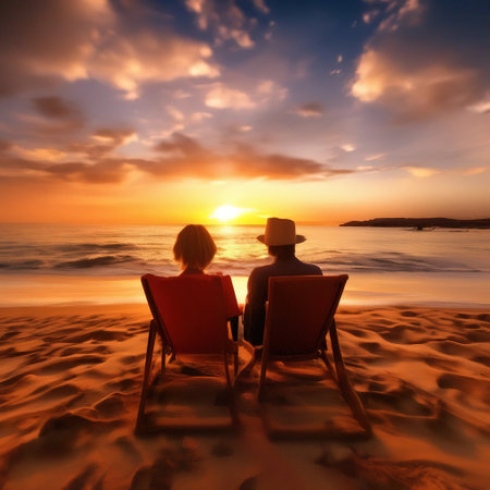 couple relaxing on the beach at sunset. tropical trip. love, romanceの素材