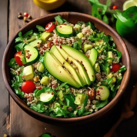 healthy salad with quinoa and avocado in a bowl. wooden backgroundの素材