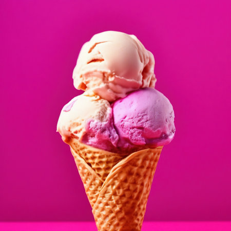 ice cream balls in a waffle cone on a pink background. summer dessertの素材
