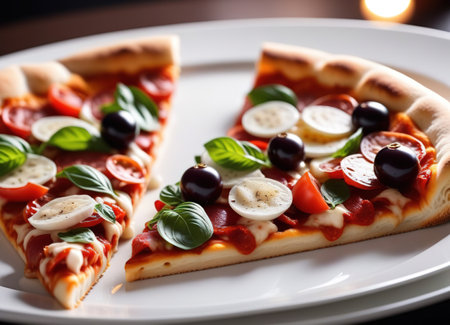 pizza on a white dish on the table. delicious foodの素材
