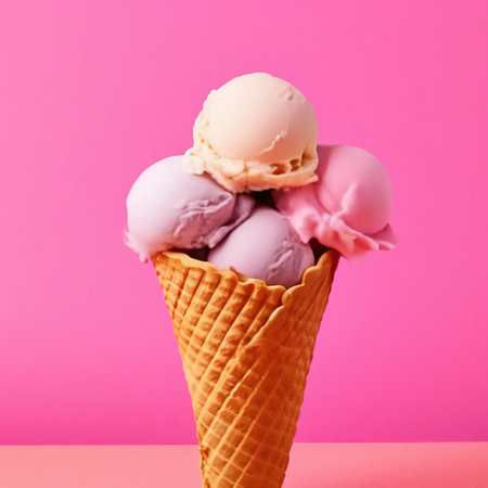ice cream balls in a waffle cone on a pink background. summer dessertの素材