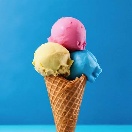 ice cream balls in a waffle cone on a blue background. summer dessertの素材