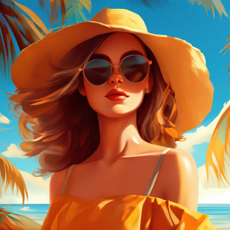 girl summer portrait illustration in flat style. bright colorsの素材