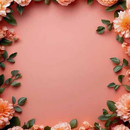 flowers border frame on a delicate peach background. trending color of 2024. Template for greeting cards, invitations, bannersの素材