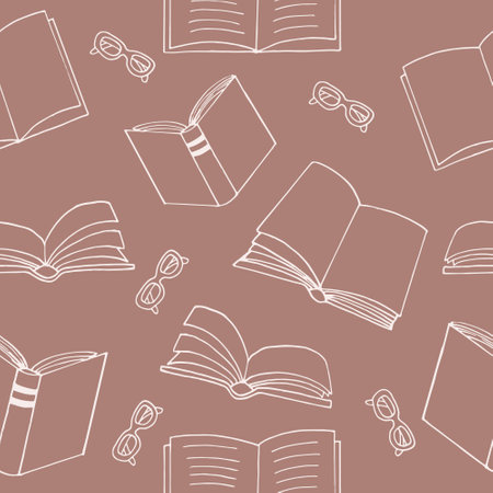 books and glasses seamless pattern. hand drawn doodle style. vector, minimalism, monochrome. reading, education, bookstore, scienceのイラスト素材