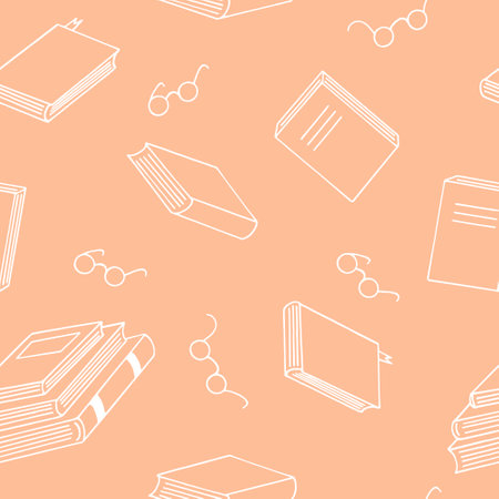 books and glasses seamless pattern hand drawn in doodle style. vector, minimalism, sketch. reading, education, bookstore, scienceのイラスト素材