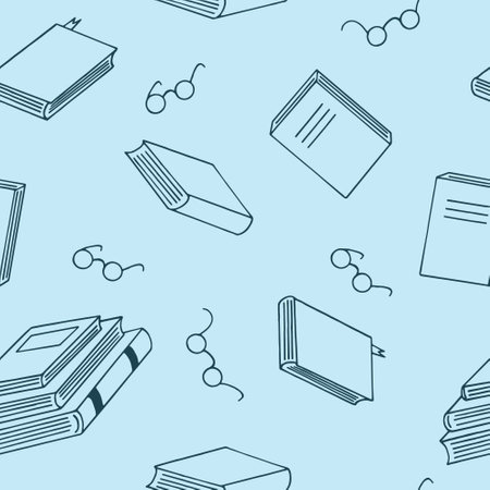 books and glasses seamless pattern hand drawn in doodle style. vector, minimalism, sketch. reading, education, bookstore, scienceのイラスト素材