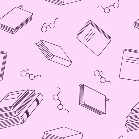 books and glasses seamless pattern hand drawn in doodle style. vector, minimalism, sketch. reading, education, bookstore, scienceのイラスト素材