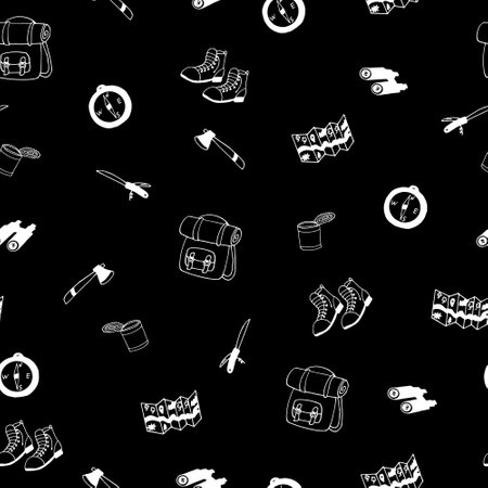 camp seamless pattern. hand drawn doodle. vector, scandinavian, minimalism, monochrome. hike, canned food, backpack.のイラスト素材