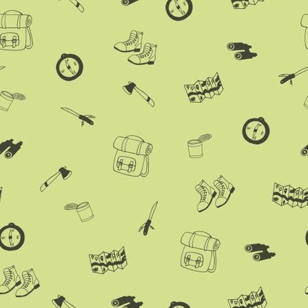 camp seamless pattern. hand drawn doodle. vector, scandinavian, minimalism, monochrome. hike, canned food, backpack.のイラスト素材