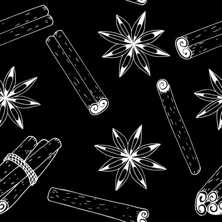 cinnamon seamless pattern hand drawn doodle, vector. line art, scandinavian, minimalism, monochrome.のイラスト素材