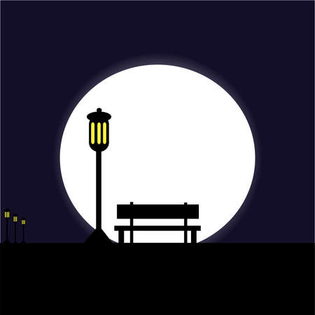 Bench with lamp at night with moon. Vector Illustration.のイラスト素材