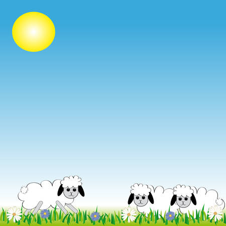 Three sheep on the meadow on blue background. Vector illustration.のイラスト素材