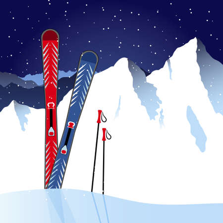 Skis and ski poles in the snow on mountain background.Vector illustration.のイラスト素材