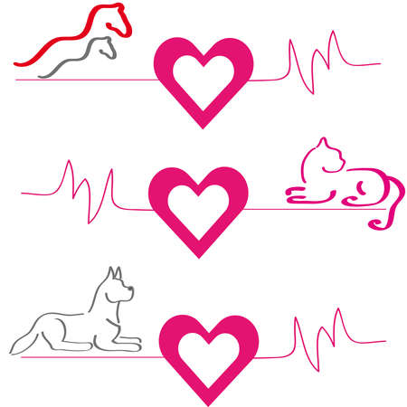 Horses, dog and cat with hearts on white background. Vector illustration.のイラスト素材