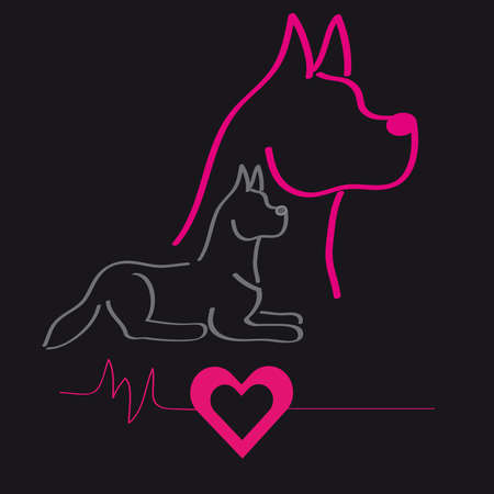 Colorful silhouette of a dogs with heart on black background . Vector illustration.のイラスト素材