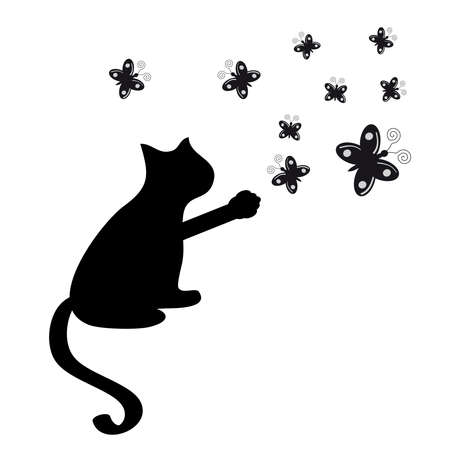 Cat silhouette with butterflies on white background. Vector illustration.のイラスト素材