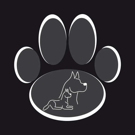 Dog paw with dogs silhouette on black background. Vector illustration.のイラスト素材