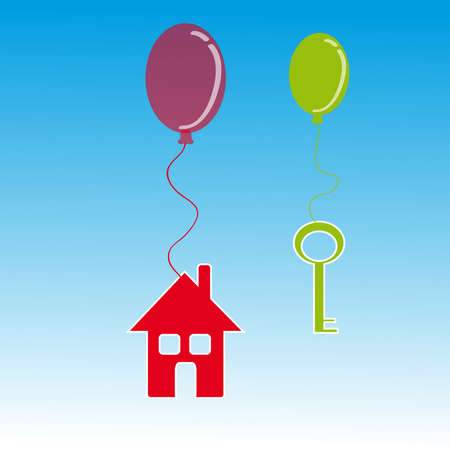 Home and key with balloon on blue background. Vector illustration.のイラスト素材