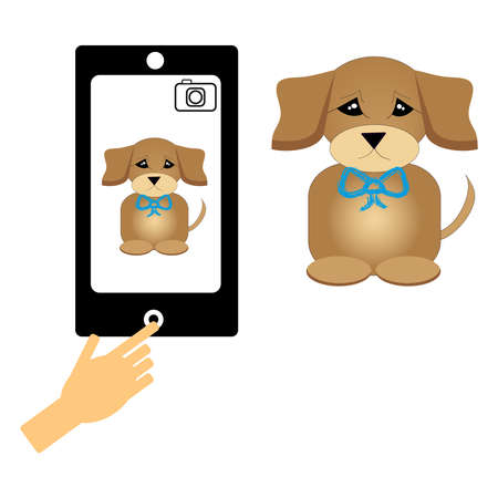 Cell phone and puppy on white background .Vector illustration.のイラスト素材