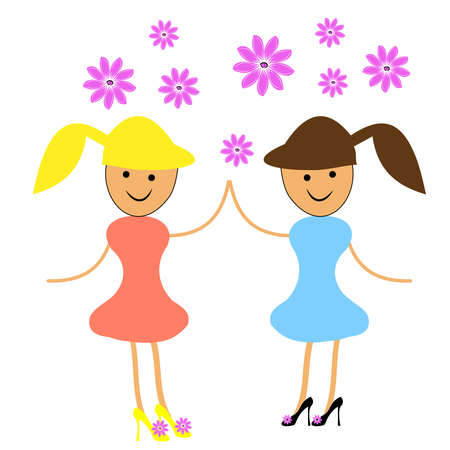 Two girls dancing with flowers. Vector illustartion.のイラスト素材